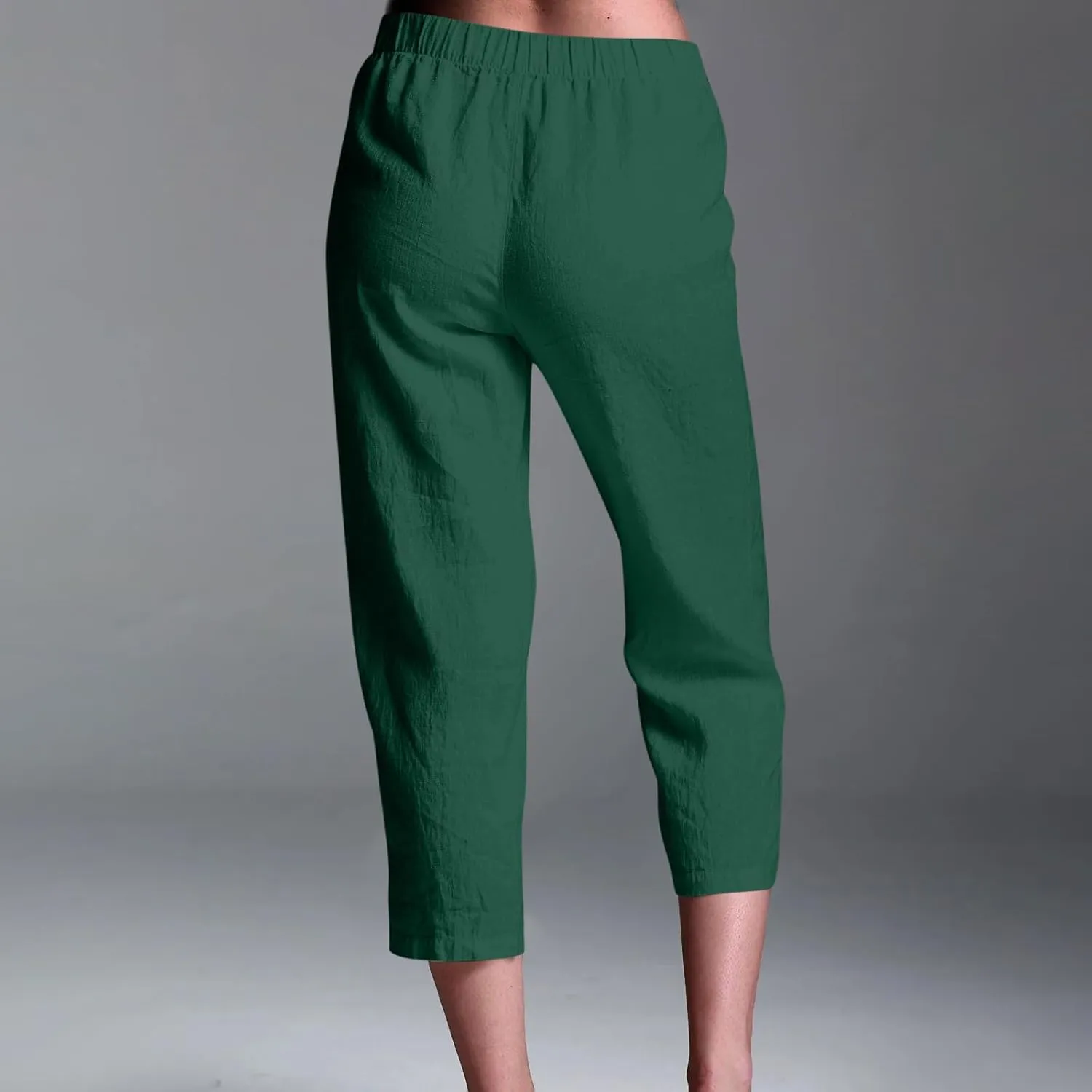 Cropped Trousers for Women Cotton Linen Capri Pants Elasticated Waist Wide Leg Trouser Summer Pant Plain Baggy Capris