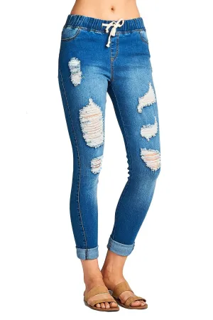 Drawstring Waist Ripped Distressed Fitted Skinny Jeans
