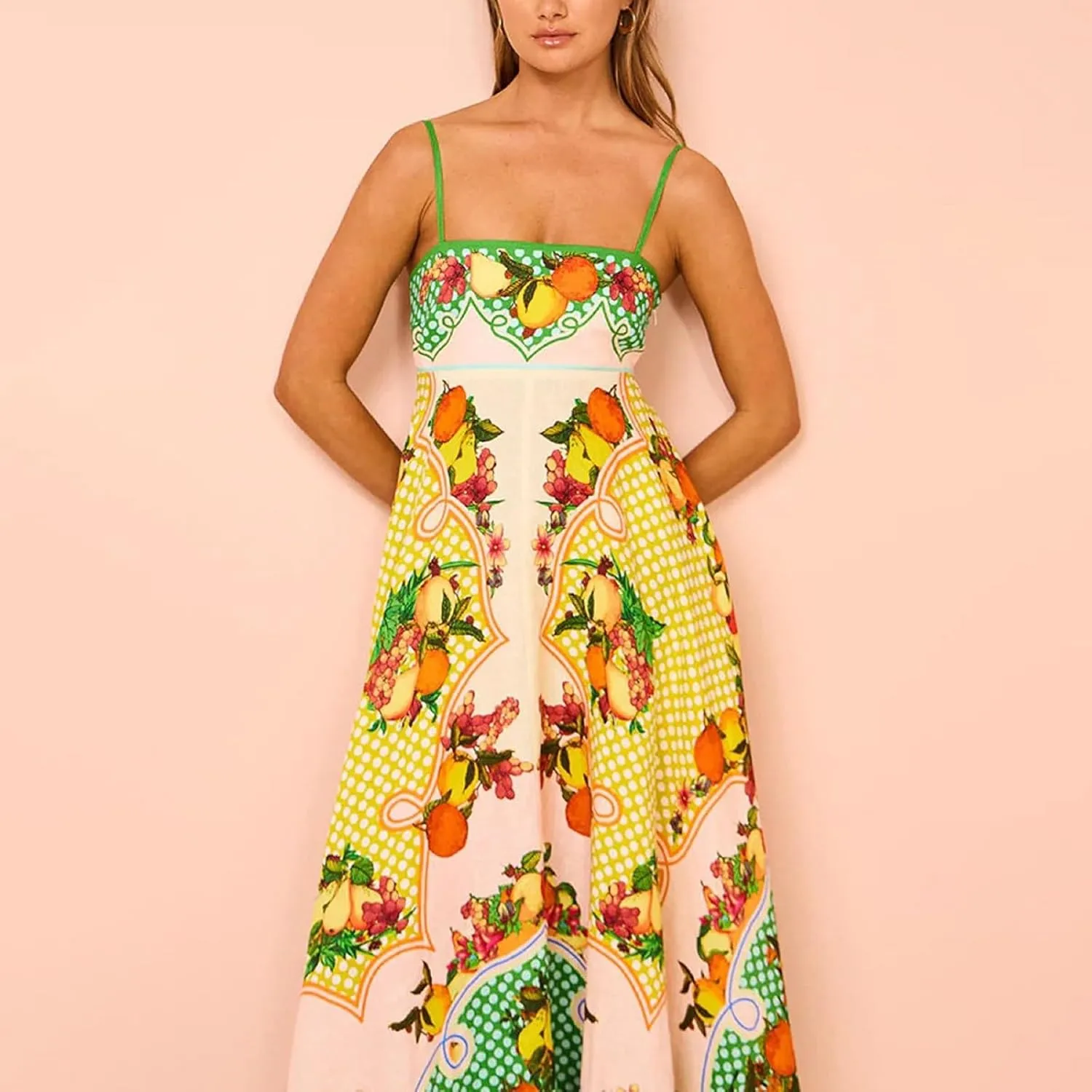 Dresses for Women Cute Print Maxi Cami Dress Loose Sleeveless Spaghetti Strap Boho Dress Vacation Beach Dresses