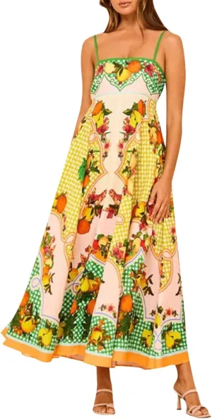 Dresses for Women Cute Print Maxi Cami Dress Loose Sleeveless Spaghetti Strap Boho Dress Vacation Beach Dresses