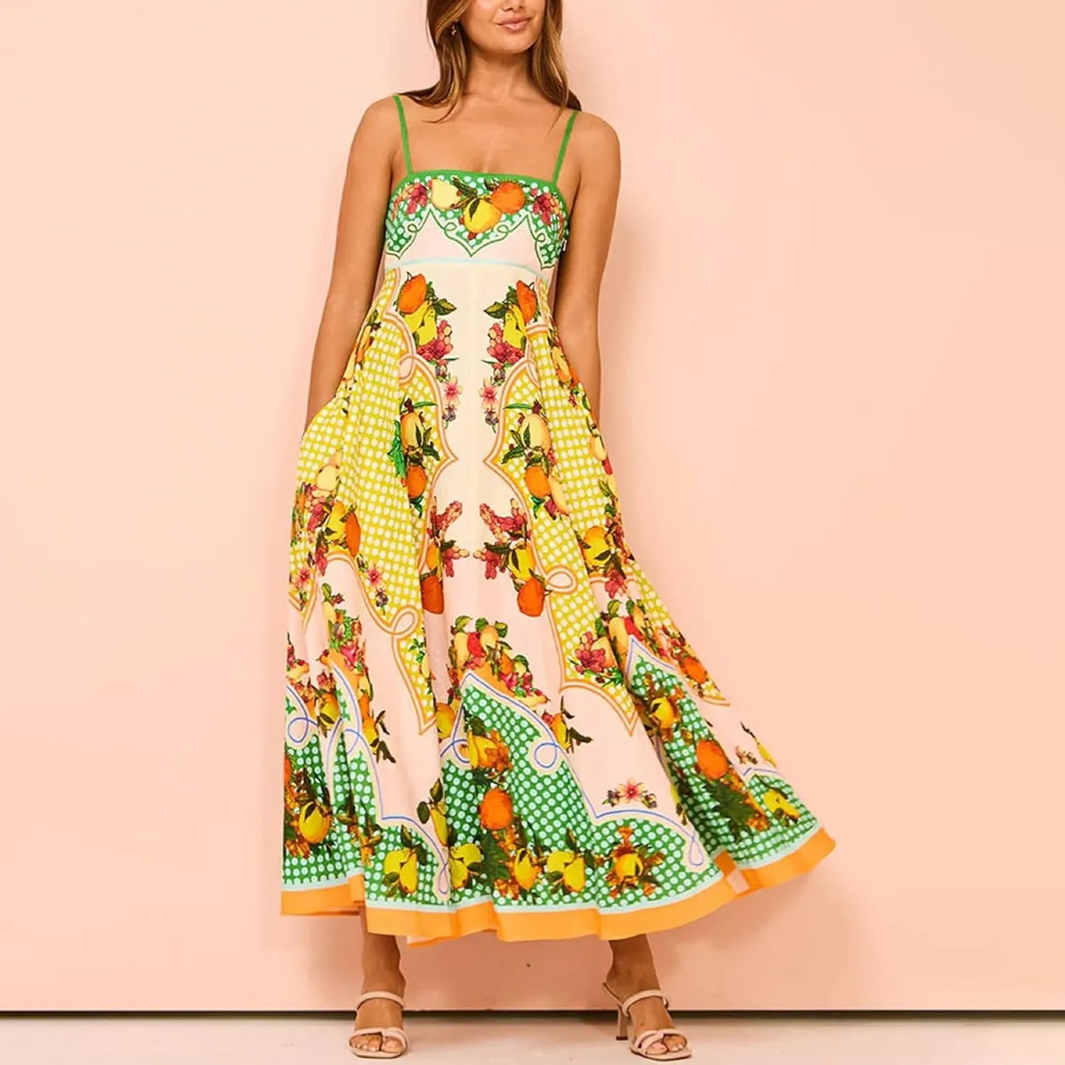 Dresses for Women Cute Print Maxi Cami Dress Loose Sleeveless Spaghetti Strap Boho Dress Vacation Beach Dresses