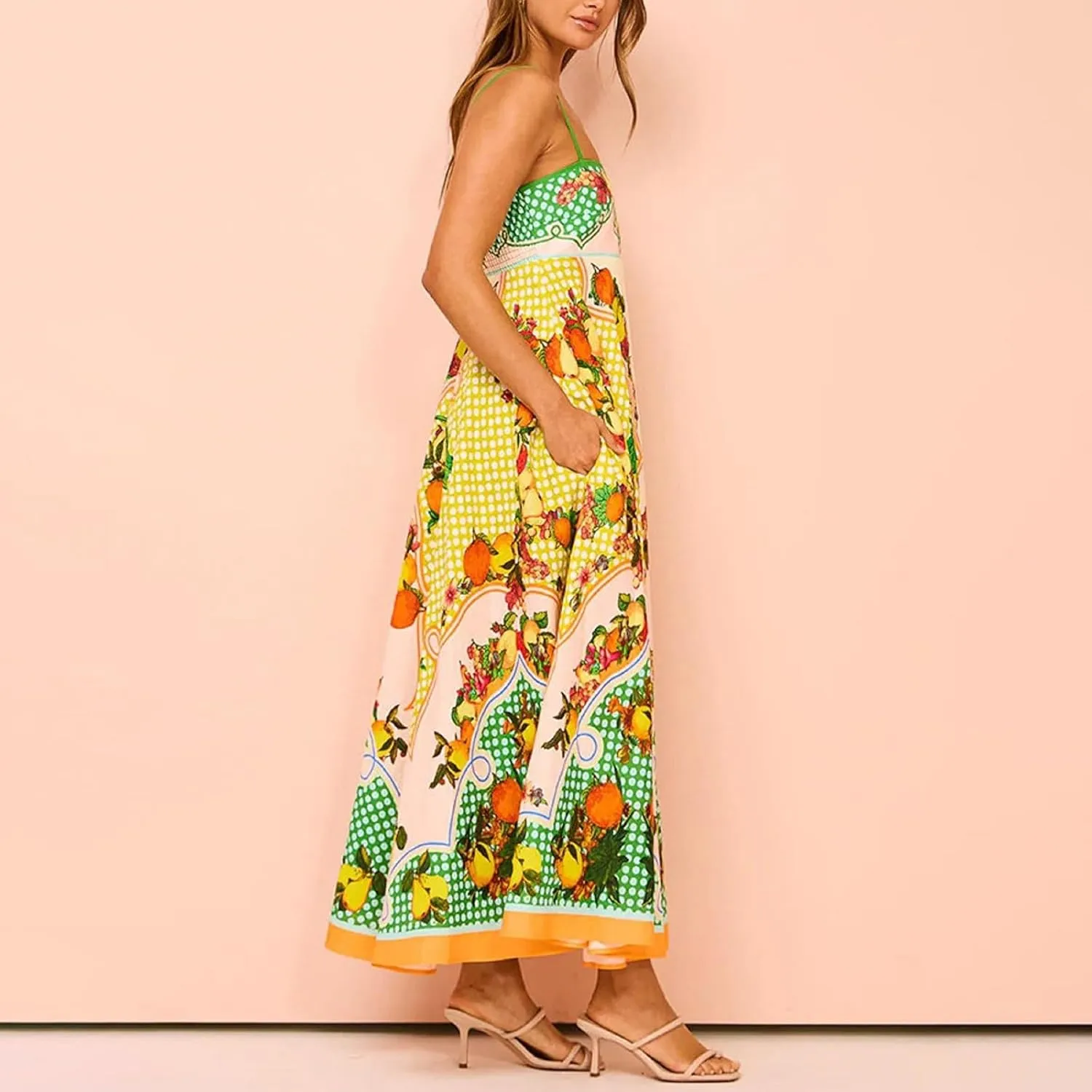 Dresses for Women Cute Print Maxi Cami Dress Loose Sleeveless Spaghetti Strap Boho Dress Vacation Beach Dresses