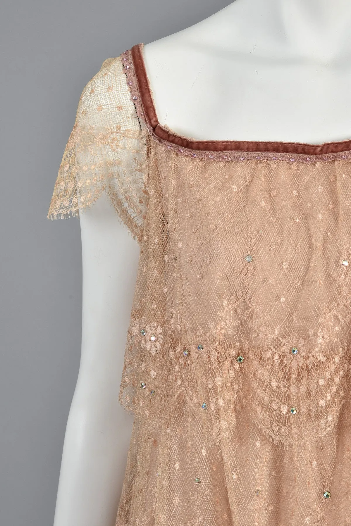 Ethereal 70s Tiered Lace Gown w/Rhinestone Accents
