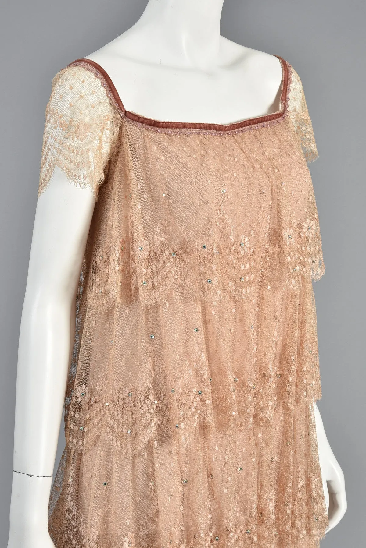 Ethereal 70s Tiered Lace Gown w/Rhinestone Accents
