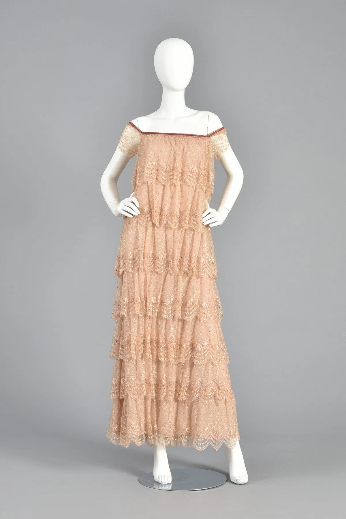 Ethereal 70s Tiered Lace Gown w/Rhinestone Accents