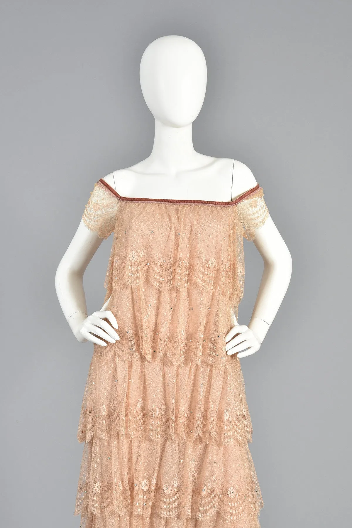 Ethereal 70s Tiered Lace Gown w/Rhinestone Accents