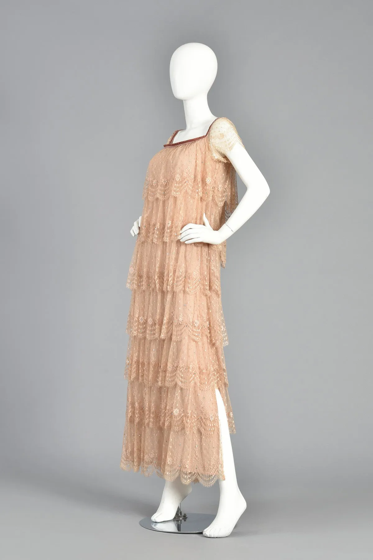 Ethereal 70s Tiered Lace Gown w/Rhinestone Accents