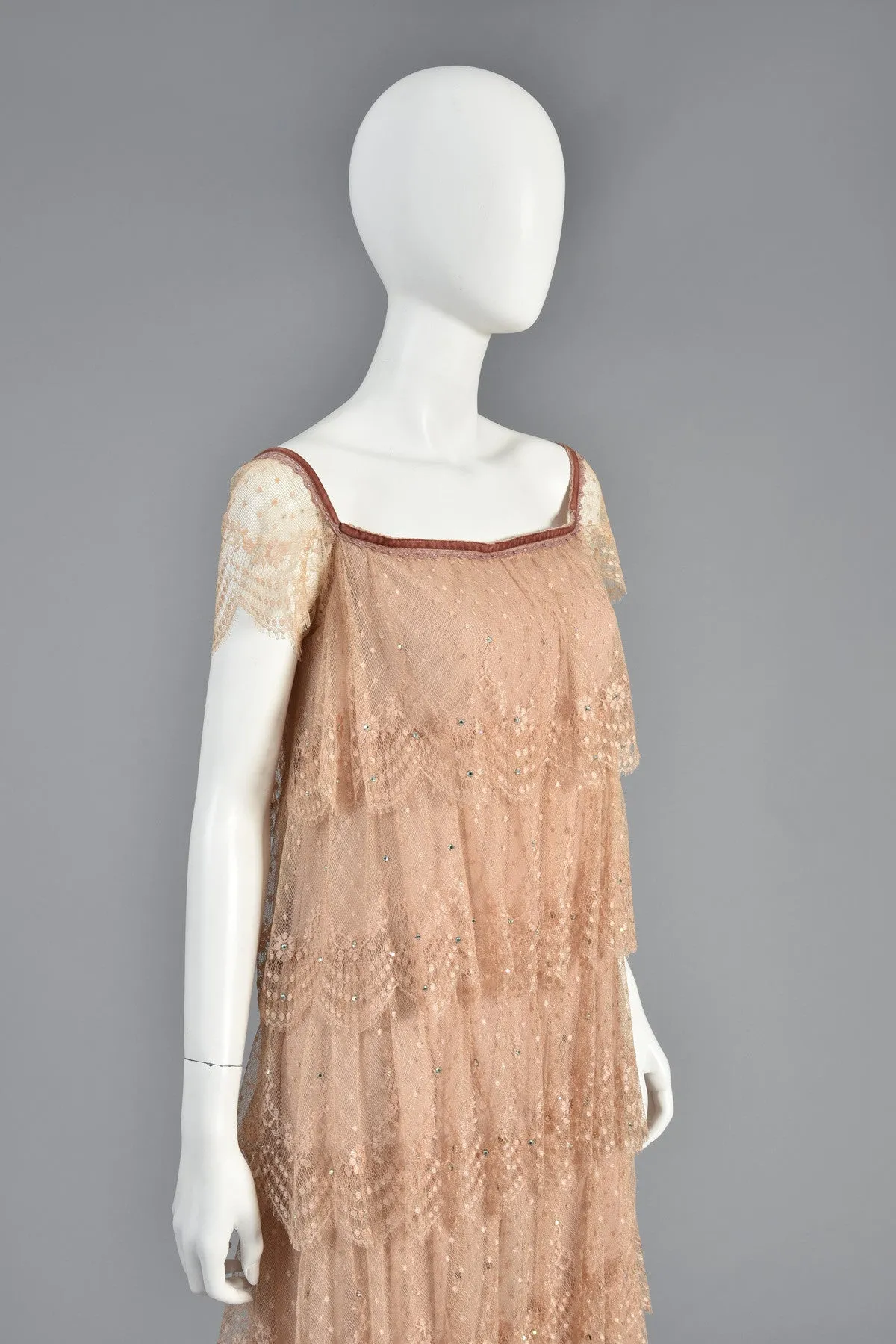 Ethereal 70s Tiered Lace Gown w/Rhinestone Accents