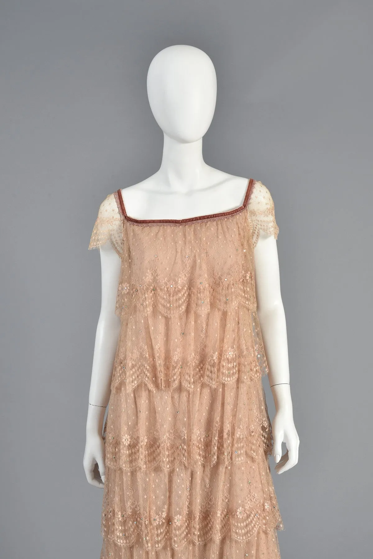 Ethereal 70s Tiered Lace Gown w/Rhinestone Accents