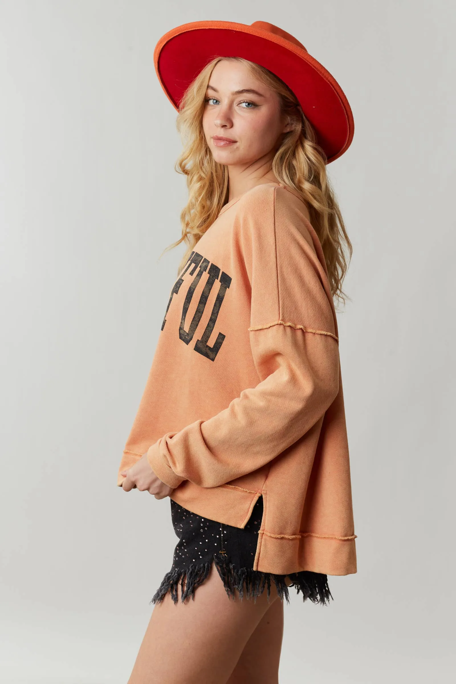 FINAL SALE Thankful Print Washed Cozy Top