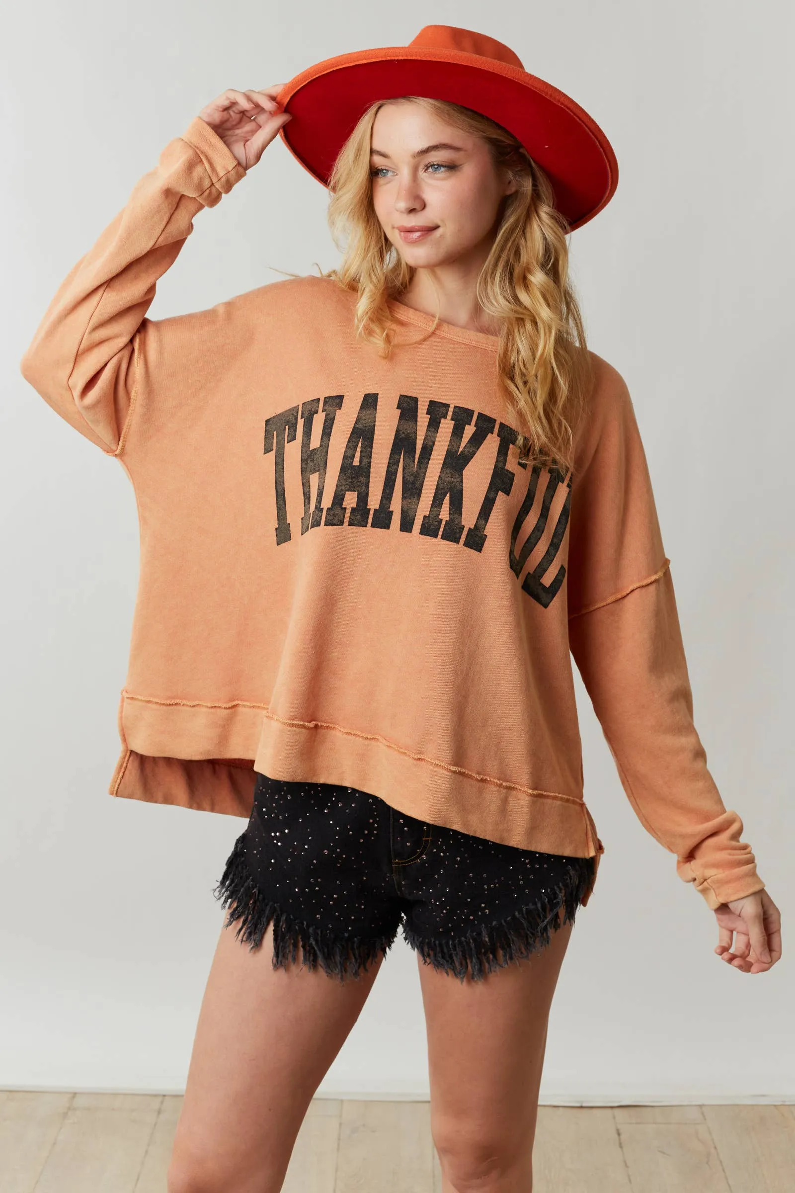 FINAL SALE Thankful Print Washed Cozy Top