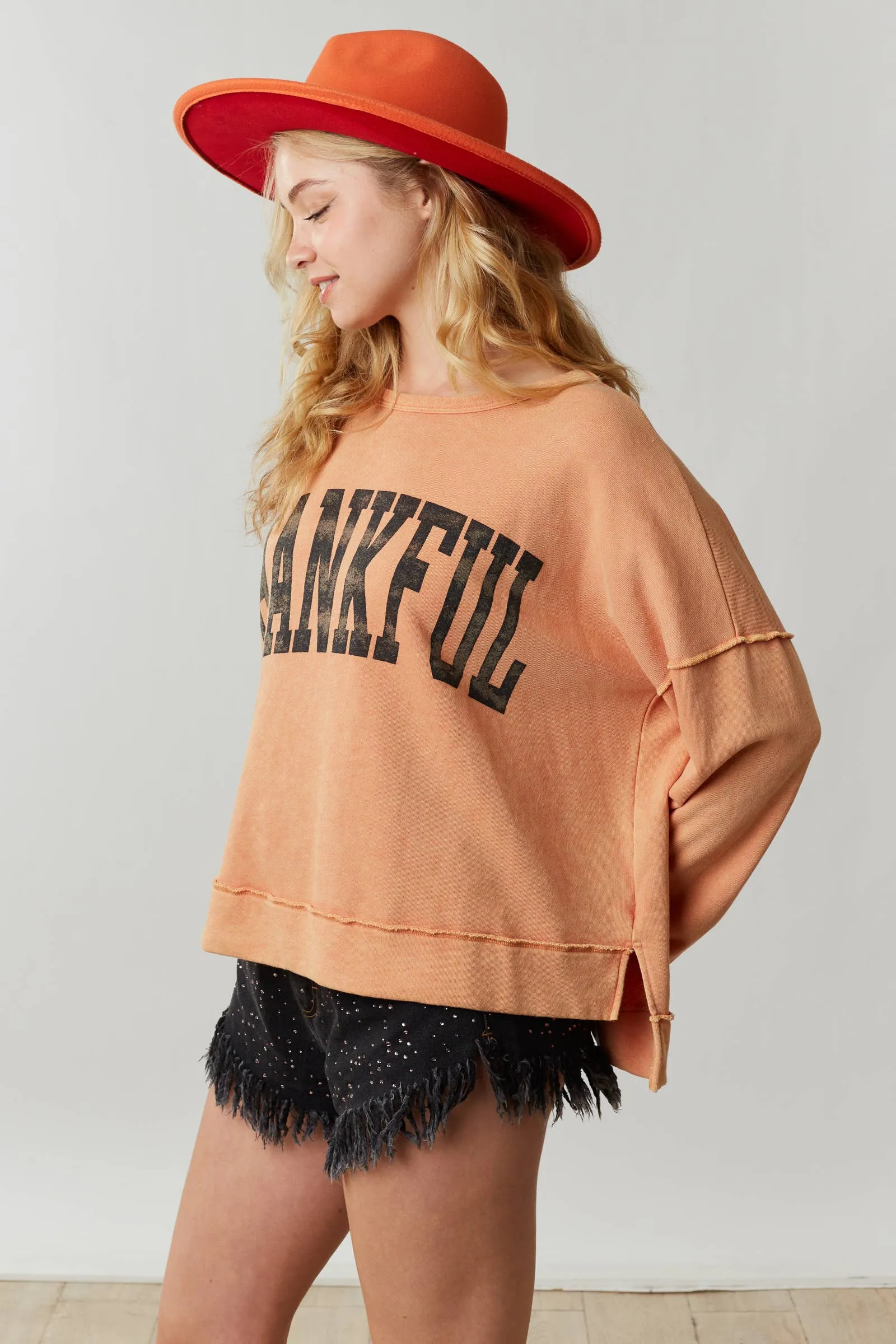 FINAL SALE Thankful Print Washed Cozy Top