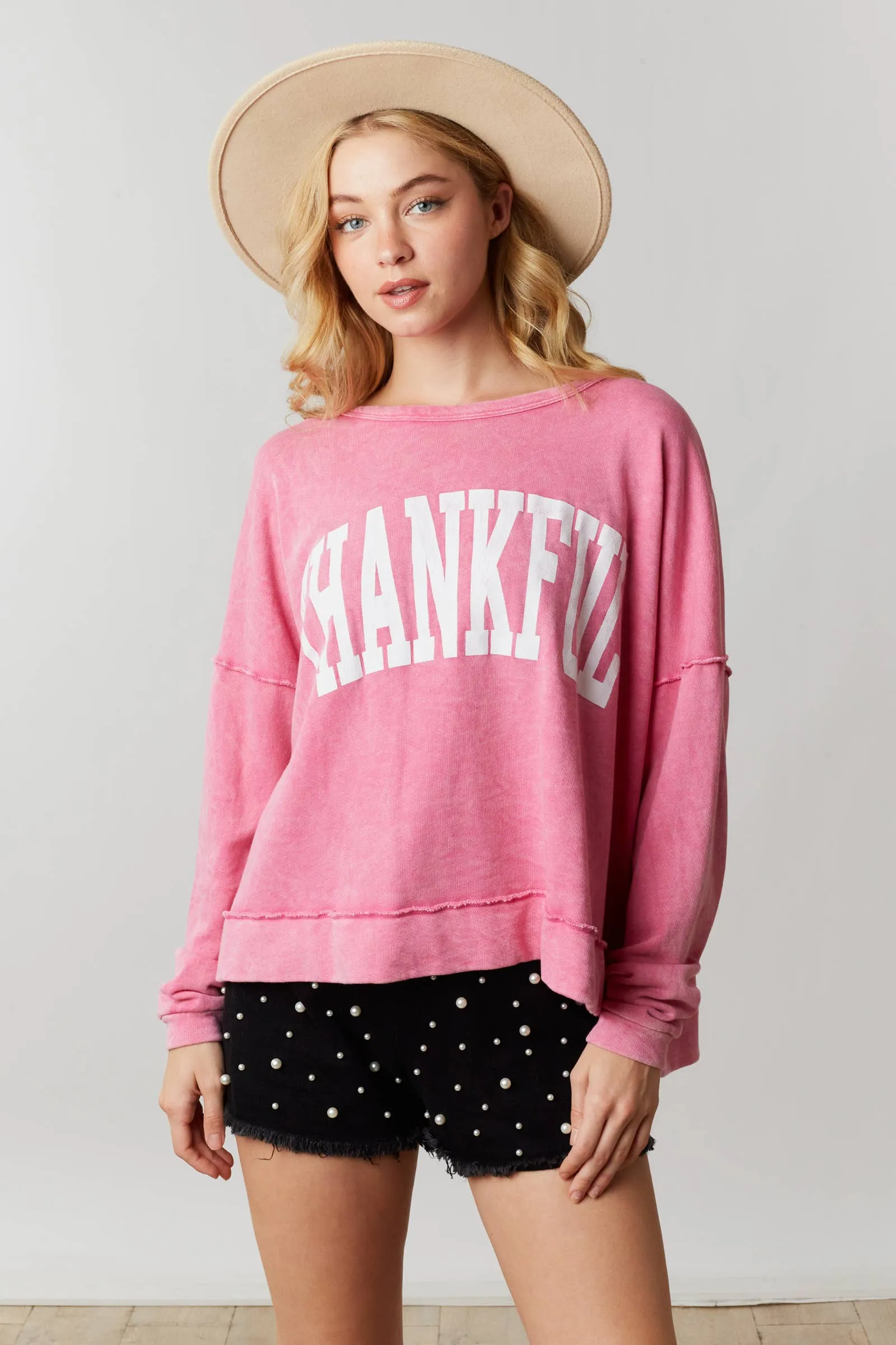 FINAL SALE Thankful Print Washed Cozy Top