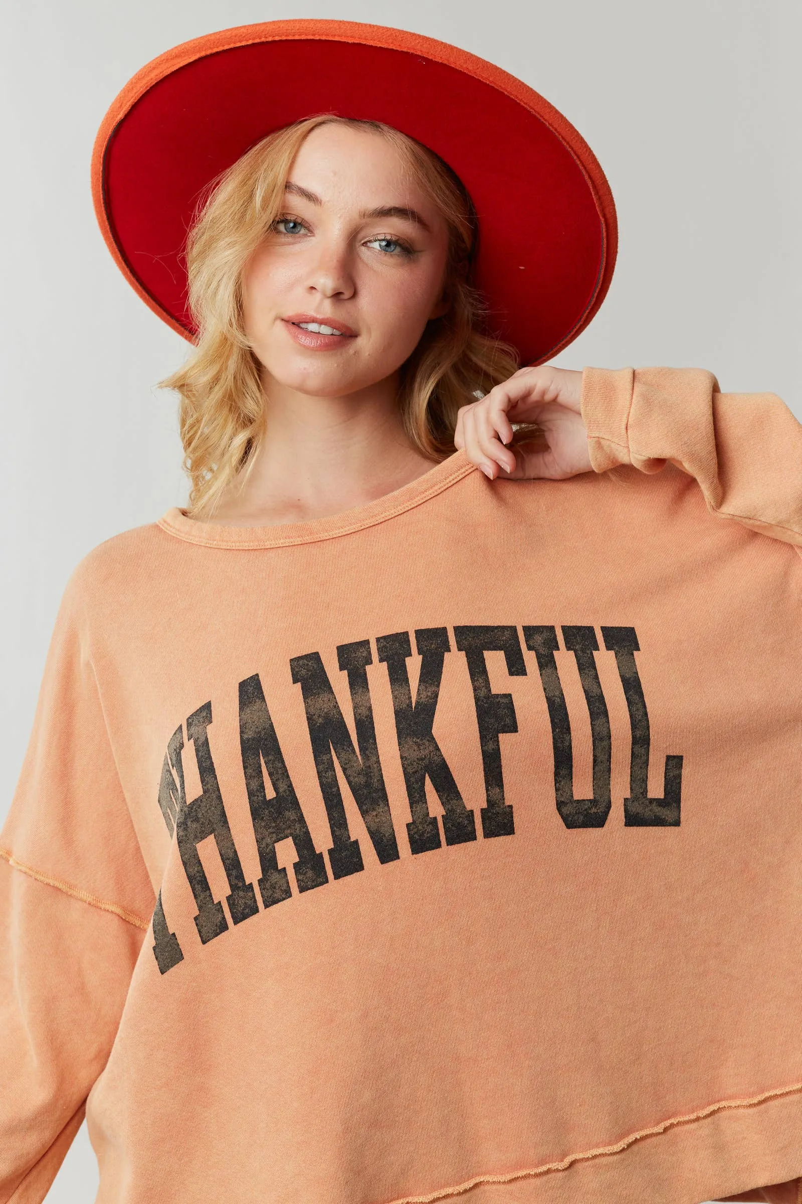 FINAL SALE Thankful Print Washed Cozy Top