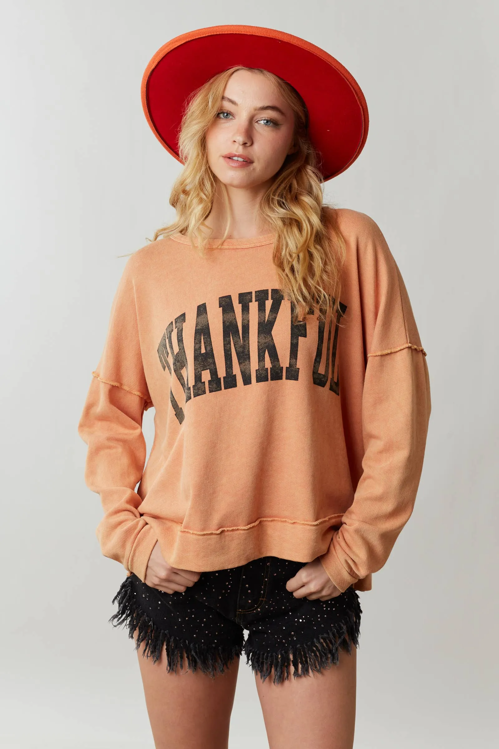 FINAL SALE Thankful Print Washed Cozy Top
