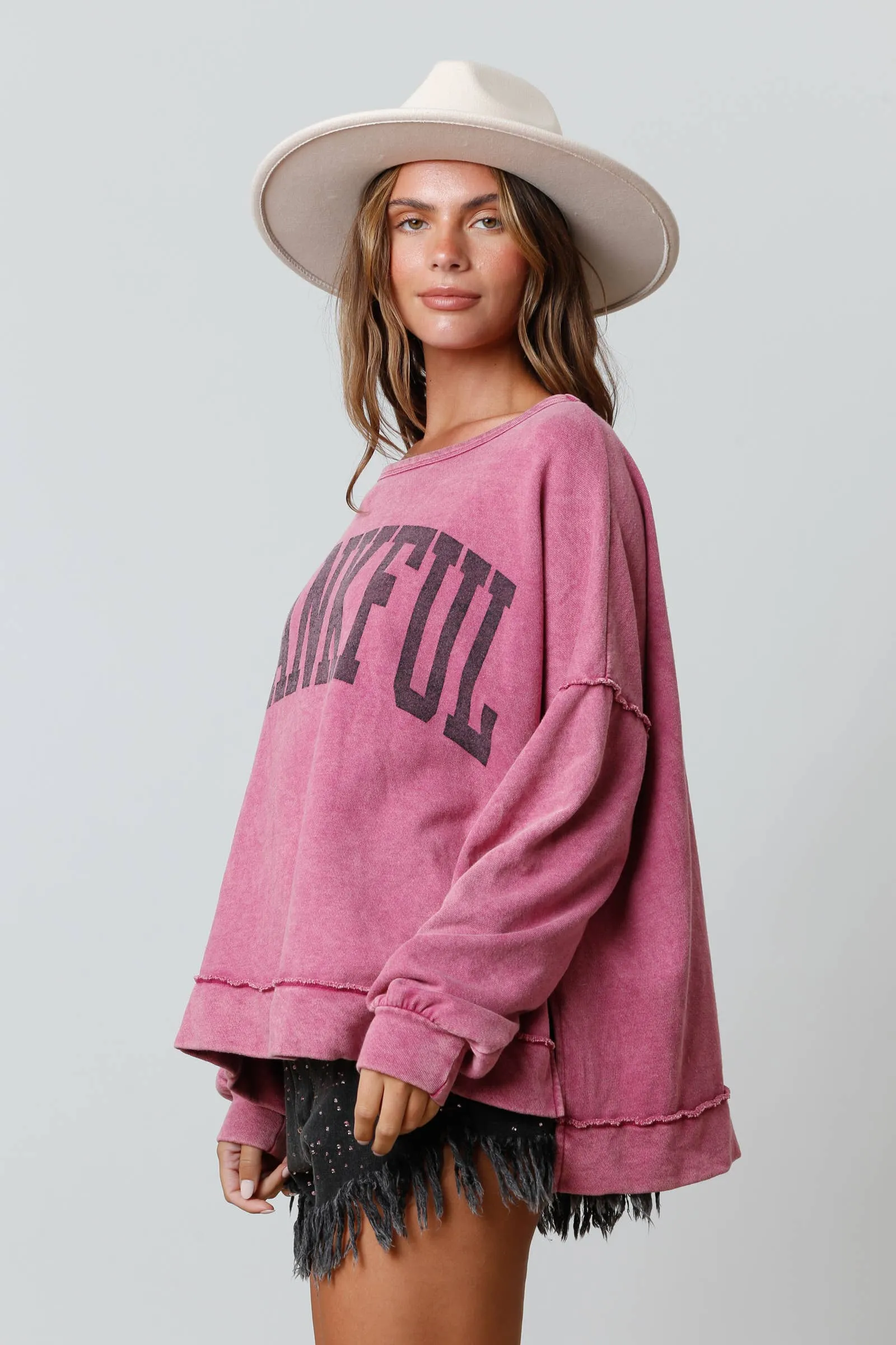 FINAL SALE Thankful Print Washed Cozy Top