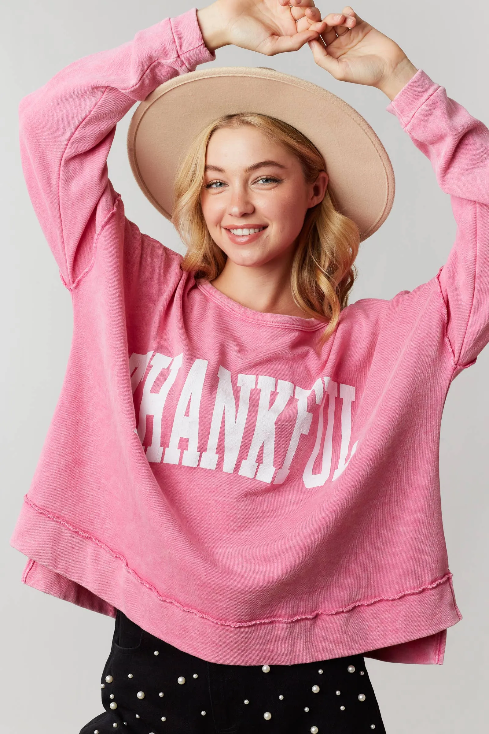 FINAL SALE Thankful Print Washed Cozy Top