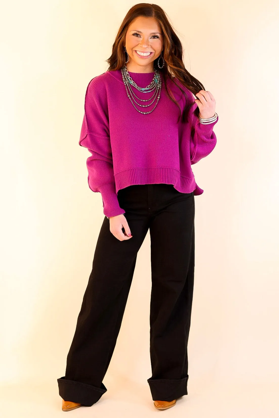 Fireside Fit Cropped Long Sleeve Mock Neck Sweater in Plum Purple