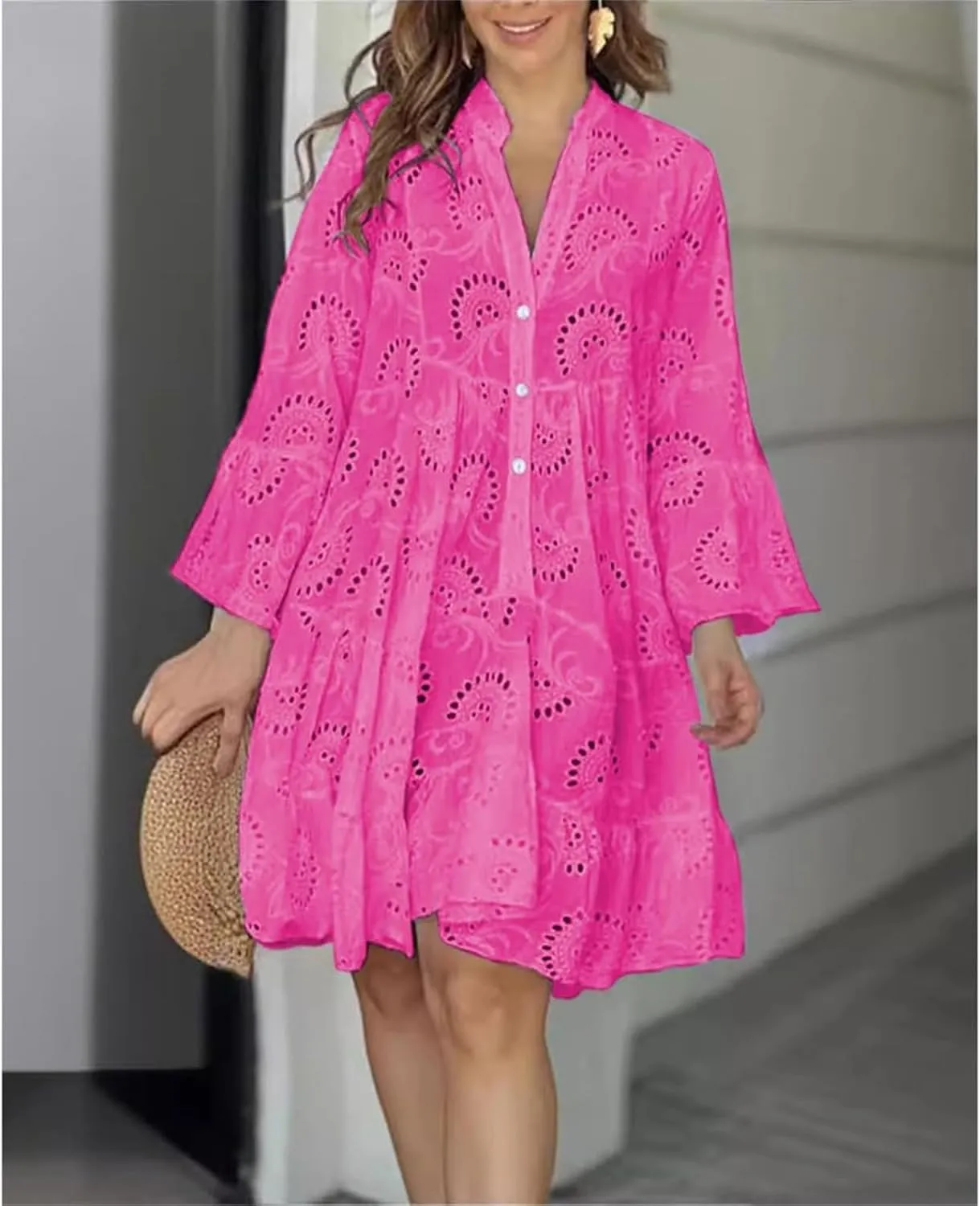 Floral Dress for Women Long Sleeve Summer Midi Dresses V Neck Boho Dresses Beach Vacation Flowy Sundress Lightweight