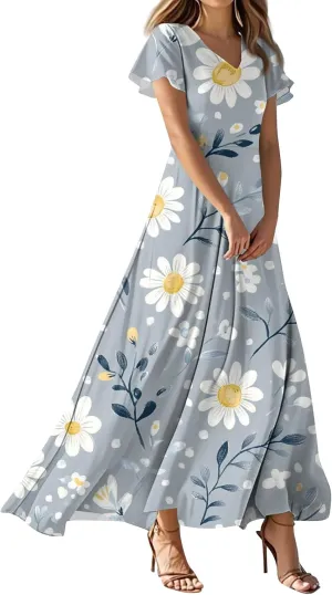 Floral Maxi Dresses for Women 2025 Casual Summer Boho V Neck Short Sleeve Long Dress Y2k Flowy Beach Vacation Dresses Sundresses for Women Beach Fashion A Line Empire Waist Dress Comfy Sundresses