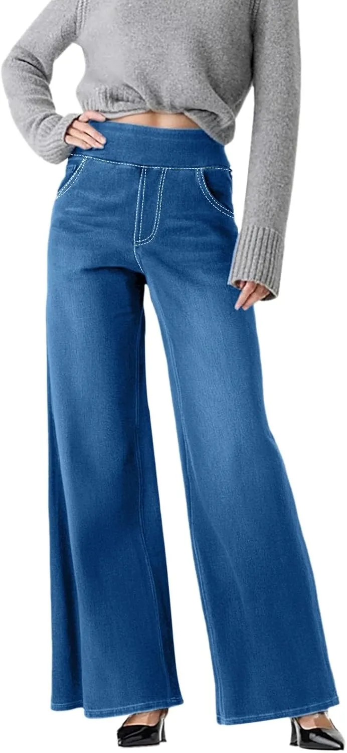GIERIDUC Stretch Jeans for Women Retro Wide Leg Elastic High Waisted Loose Casual Look Like Jeans Sweatpants with Pockets