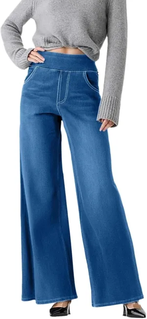 GIERIDUC Stretch Jeans for Women Retro Wide Leg Elastic High Waisted Loose Casual Look Like Jeans Sweatpants with Pockets