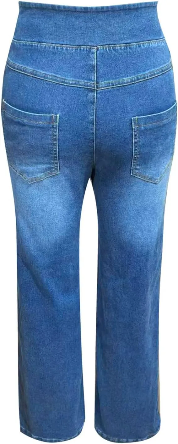 GIERIDUC Stretch Jeans for Women Retro Wide Leg Elastic High Waisted Loose Casual Look Like Jeans Sweatpants with Pockets