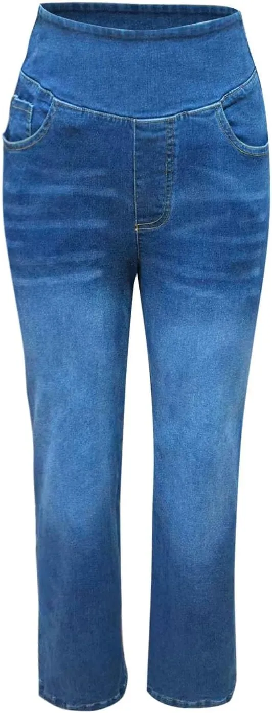 GIERIDUC Stretch Jeans for Women Retro Wide Leg Elastic High Waisted Loose Casual Look Like Jeans Sweatpants with Pockets