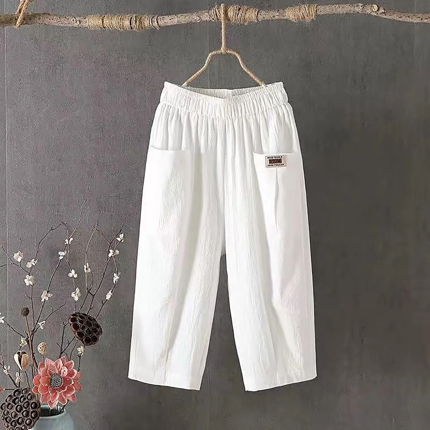 GIERIDUC Womens Baggy Wide Leg Pants Casual Linen Cropped Pant Elastic Waist Palazzo Harem Trousers with Pockets Comfy Capris