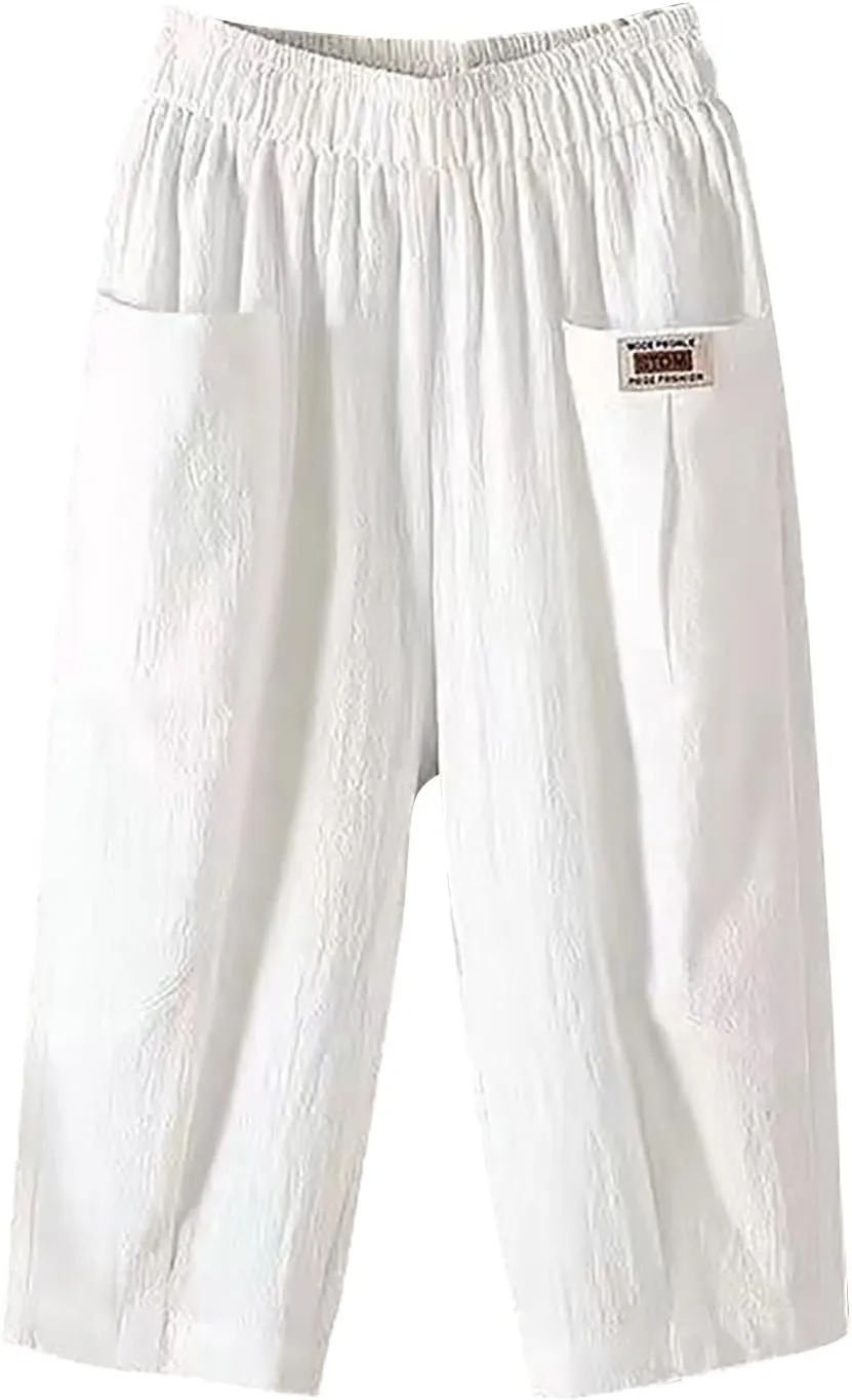 GIERIDUC Womens Baggy Wide Leg Pants Casual Linen Cropped Pant Elastic Waist Palazzo Harem Trousers with Pockets Comfy Capris