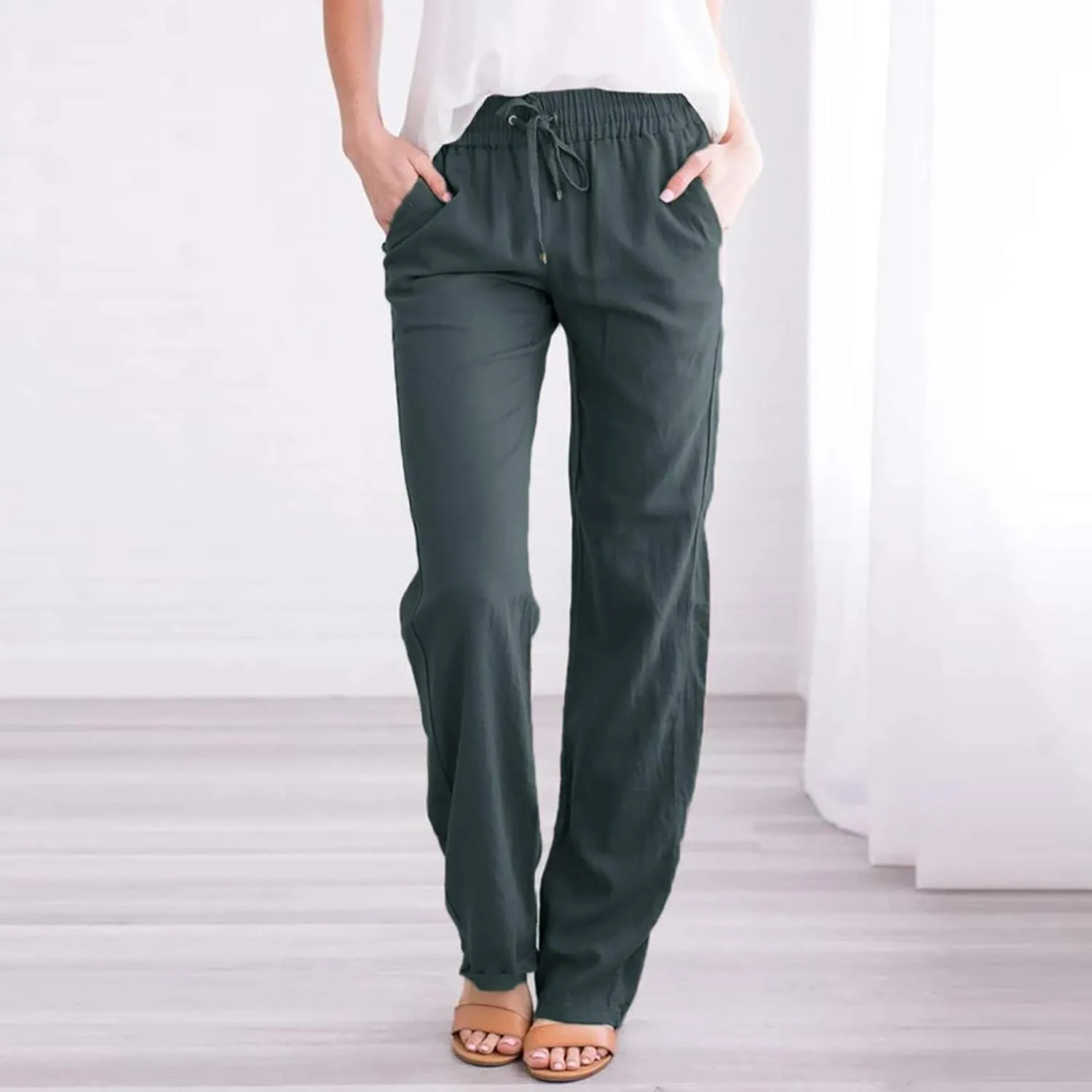 GIERIDUC Women's Cotton Linen Summer Palazzo Pants Casual Flowy Wide Leg Beach Trousers with Pockets Spring Outfits 2025
