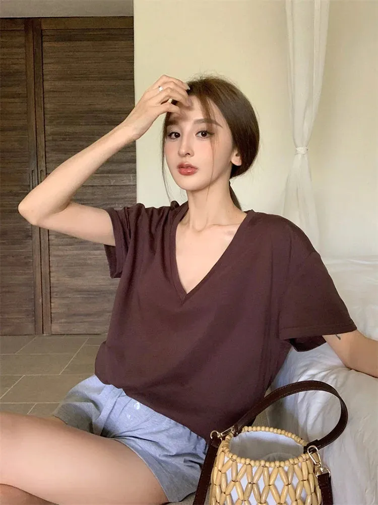 Girlary Korean Style V-neck Casual Versatile Basic Solid Color T-shirt Summer New Women Short-Sleeved T-shirt Tops