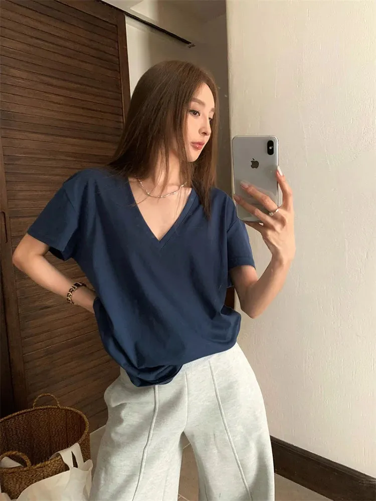 Girlary Korean Style V-neck Casual Versatile Basic Solid Color T-shirt Summer New Women Short-Sleeved T-shirt Tops