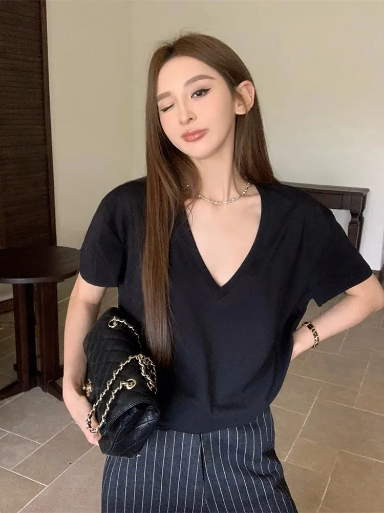 Girlary Korean Style V-neck Casual Versatile Basic Solid Color T-shirt Summer New Women Short-Sleeved T-shirt Tops