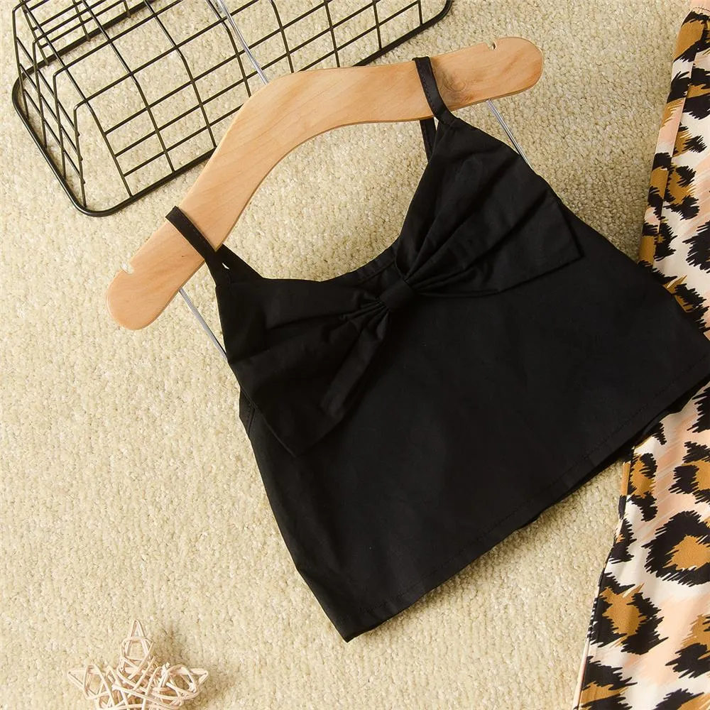 Girls Bow Solid Color Sling Top Leopard Printed Trousers Toddler Girl Boutique Clothing Wholesale