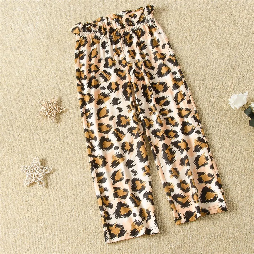 Girls Bow Solid Color Sling Top Leopard Printed Trousers Toddler Girl Boutique Clothing Wholesale