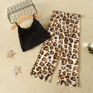 Girls Bow Solid Color Sling Top Leopard Printed Trousers Toddler Girl Boutique Clothing Wholesale