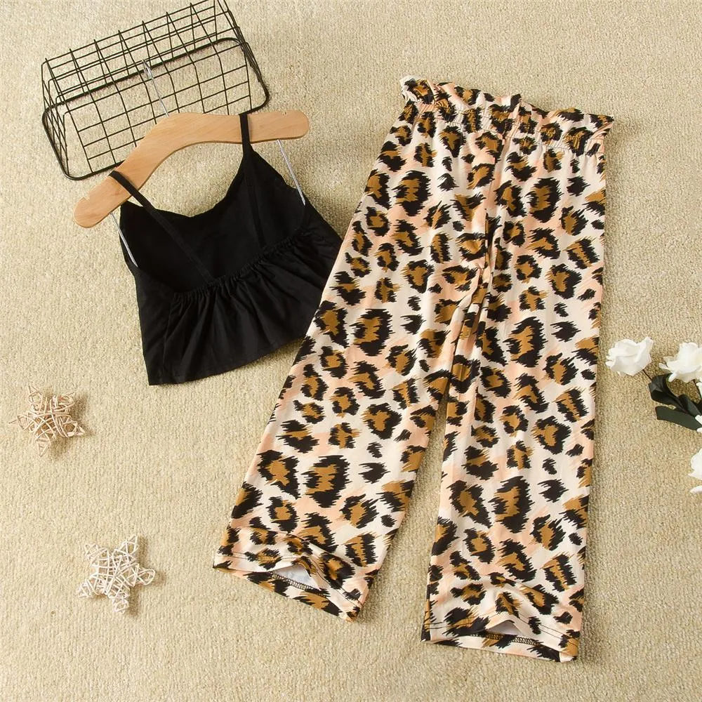 Girls Bow Solid Color Sling Top Leopard Printed Trousers Toddler Girl Boutique Clothing Wholesale