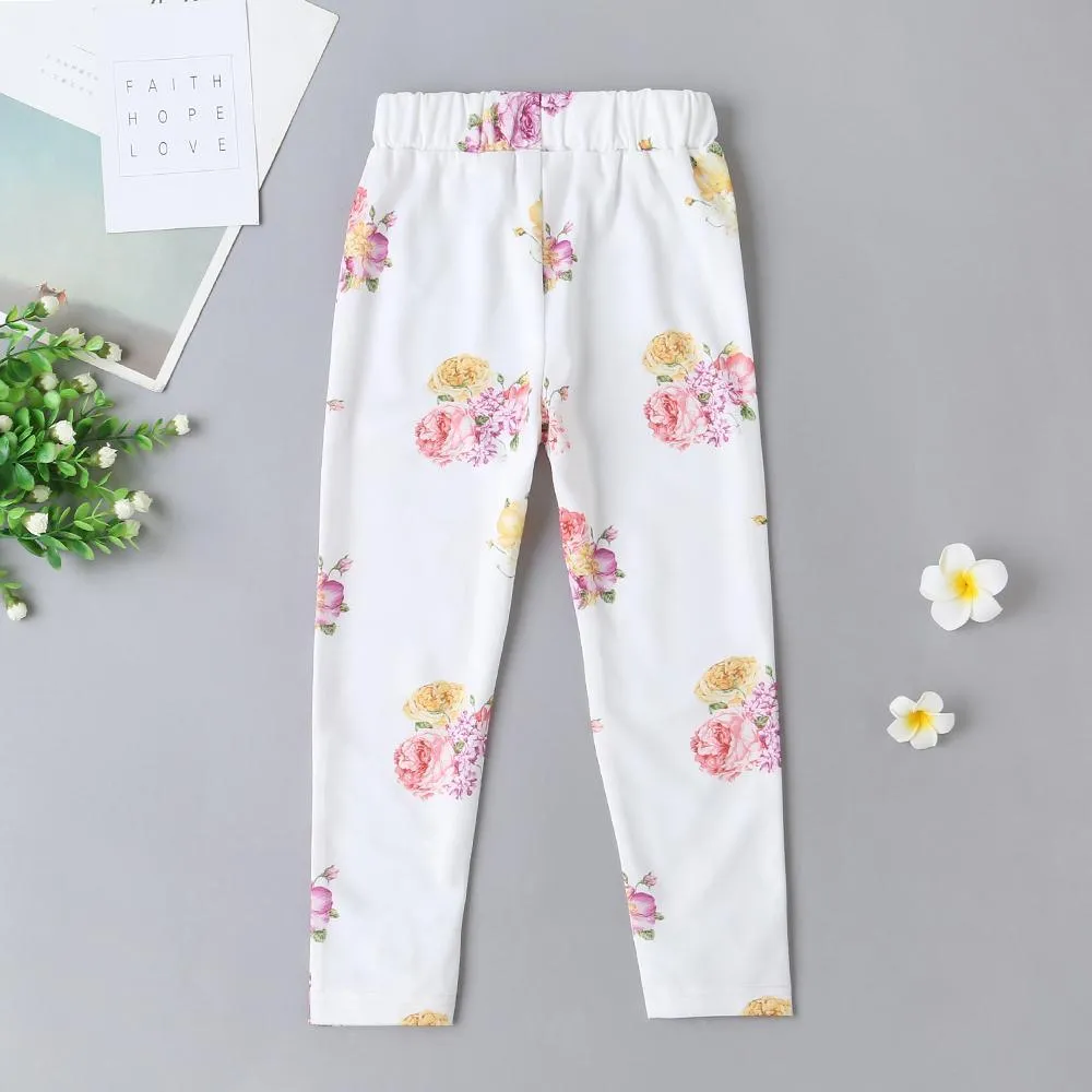 Girls Casual Flower Printed Elastic Waist Trousers