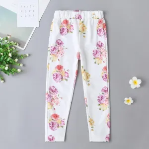 Girls Casual Flower Printed Elastic Waist Trousers
