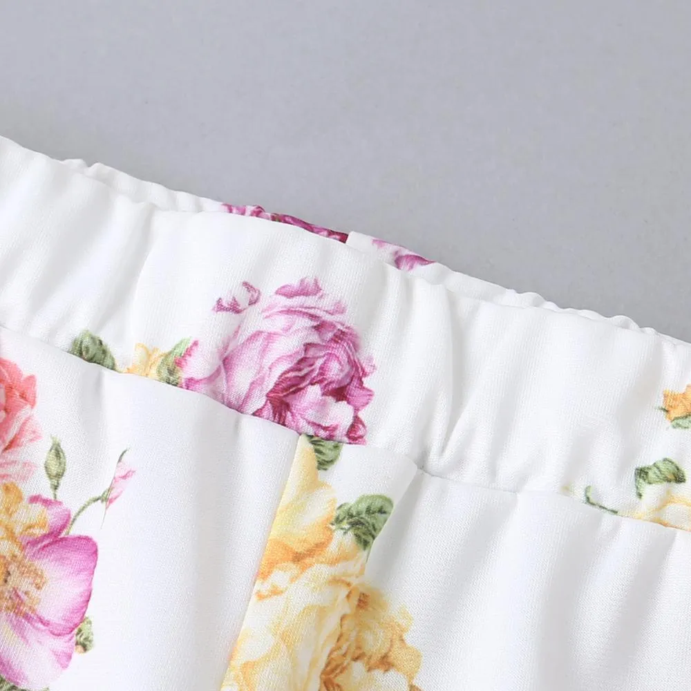 Girls Casual Flower Printed Elastic Waist Trousers