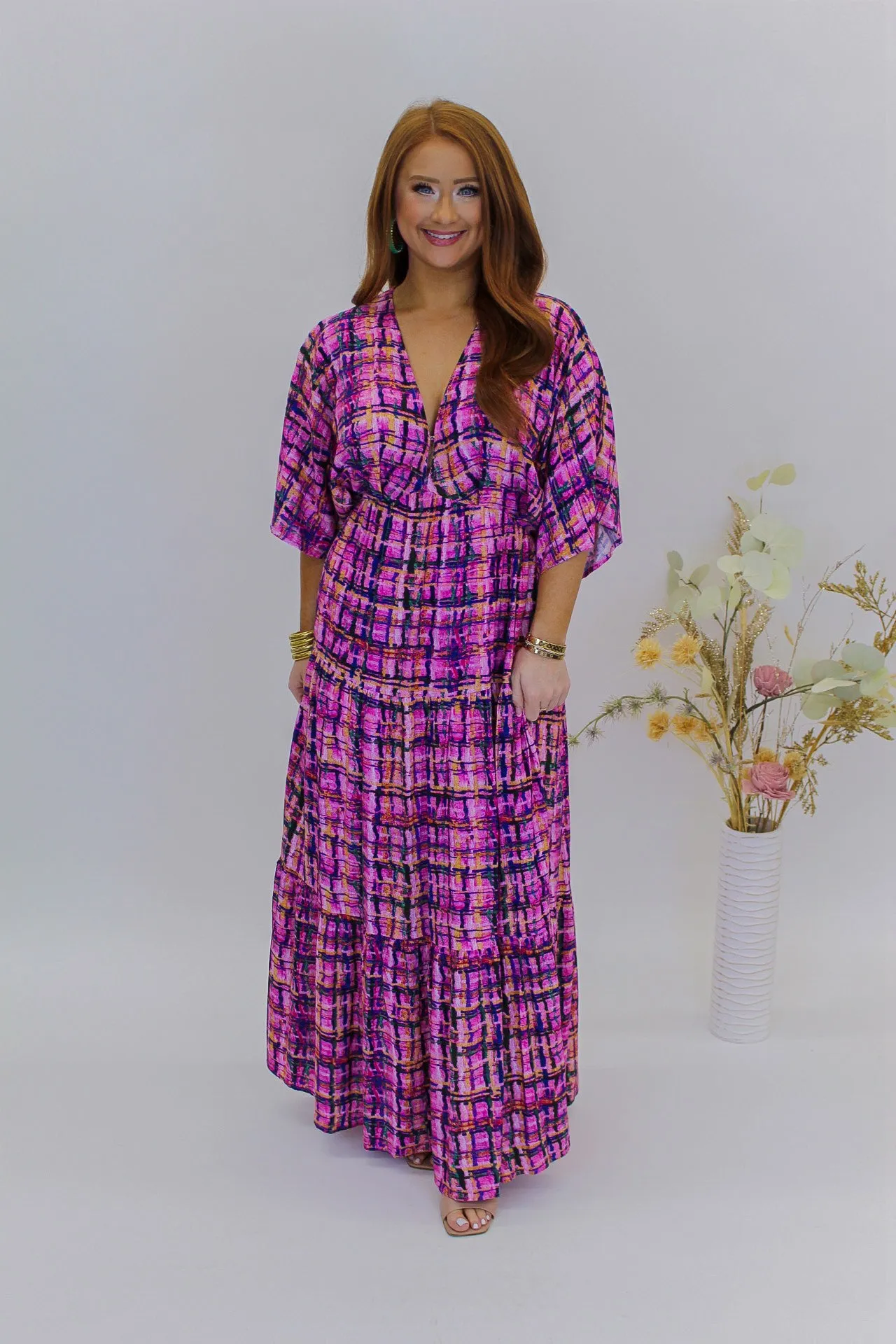 Give Love Plaid Maxi Dress- Pink