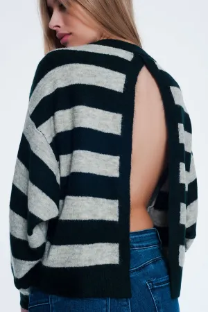 Green knitted sweater with grey stripes