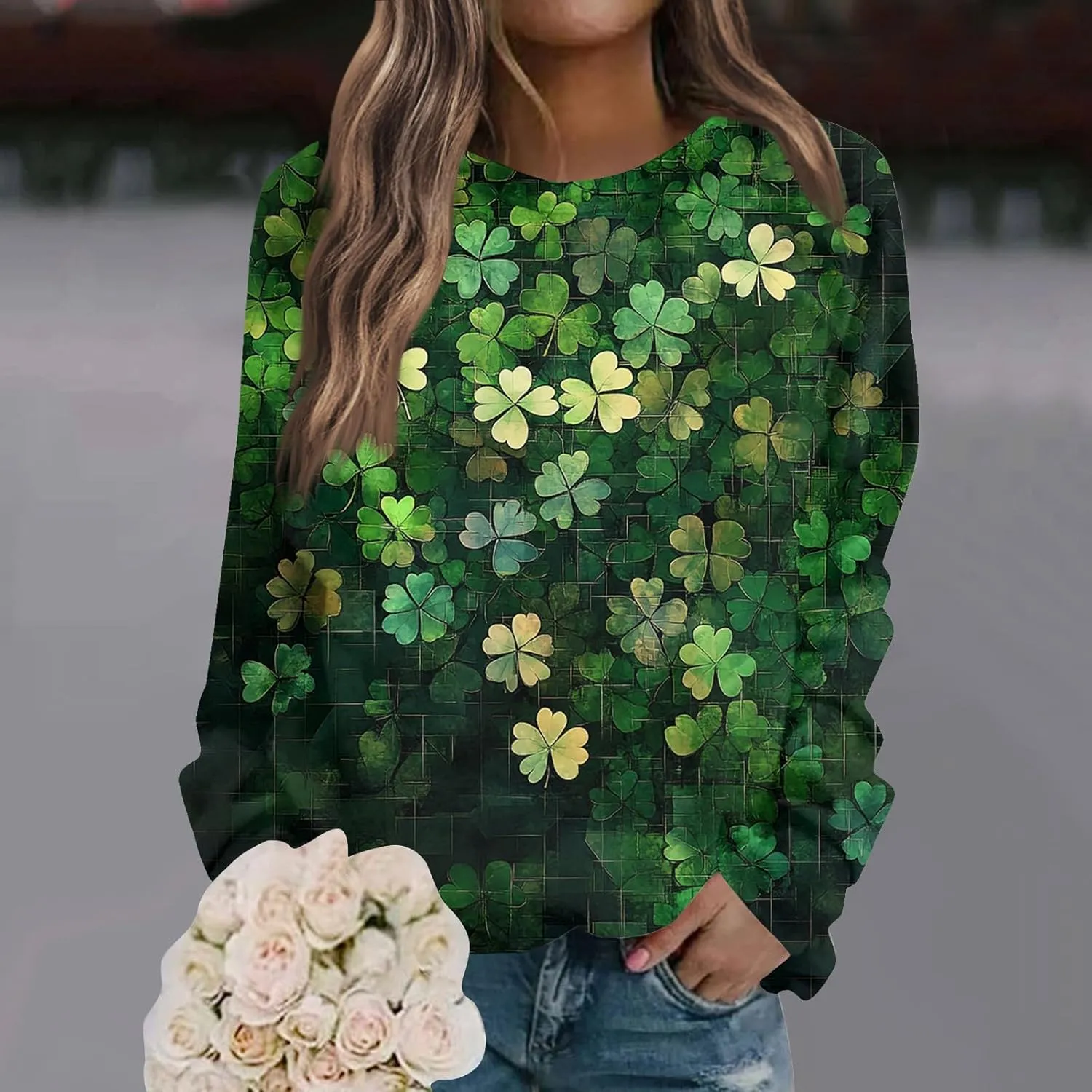 Green St Patricks Day SweatshirtWomens Long Sleeve Sweatshirt Round Neck Shamrock Print Loose Pullover