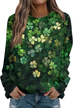Green St Patricks Day SweatshirtWomens Long Sleeve Sweatshirt Round Neck Shamrock Print Loose Pullover