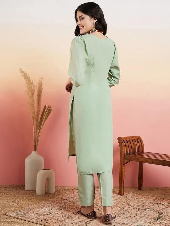 Green Yoke Design Regular Thread Work Kurta With Trousers