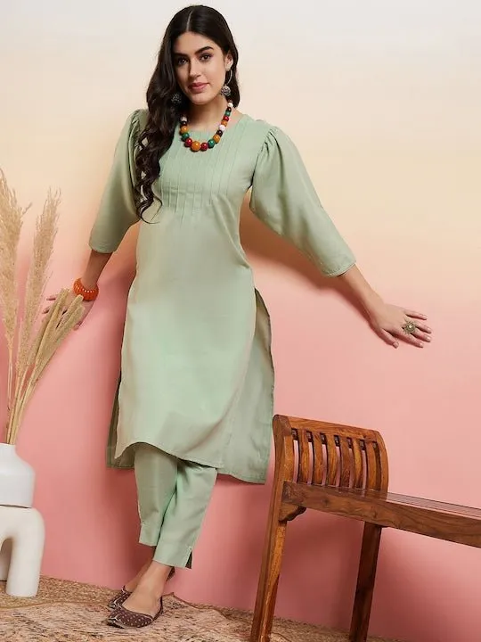 Green Yoke Design Regular Thread Work Kurta With Trousers