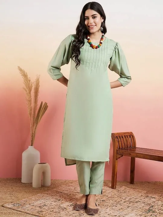 Green Yoke Design Regular Thread Work Kurta With Trousers
