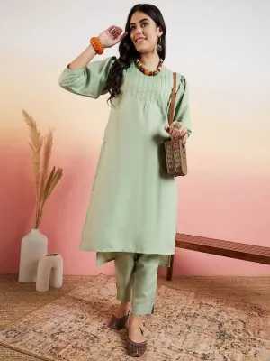 Green Yoke Design Regular Thread Work Kurta With Trousers