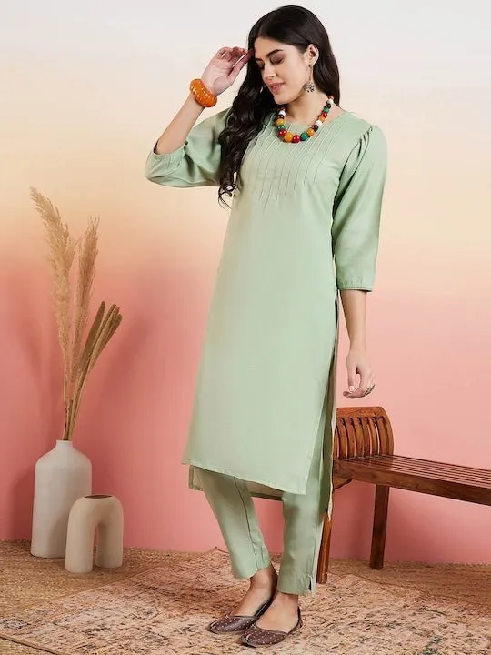 Green Yoke Design Regular Thread Work Kurta With Trousers